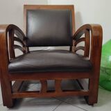 Leather and teak armchair