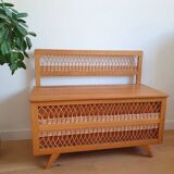Banc coffre en bois et rotin vintage
