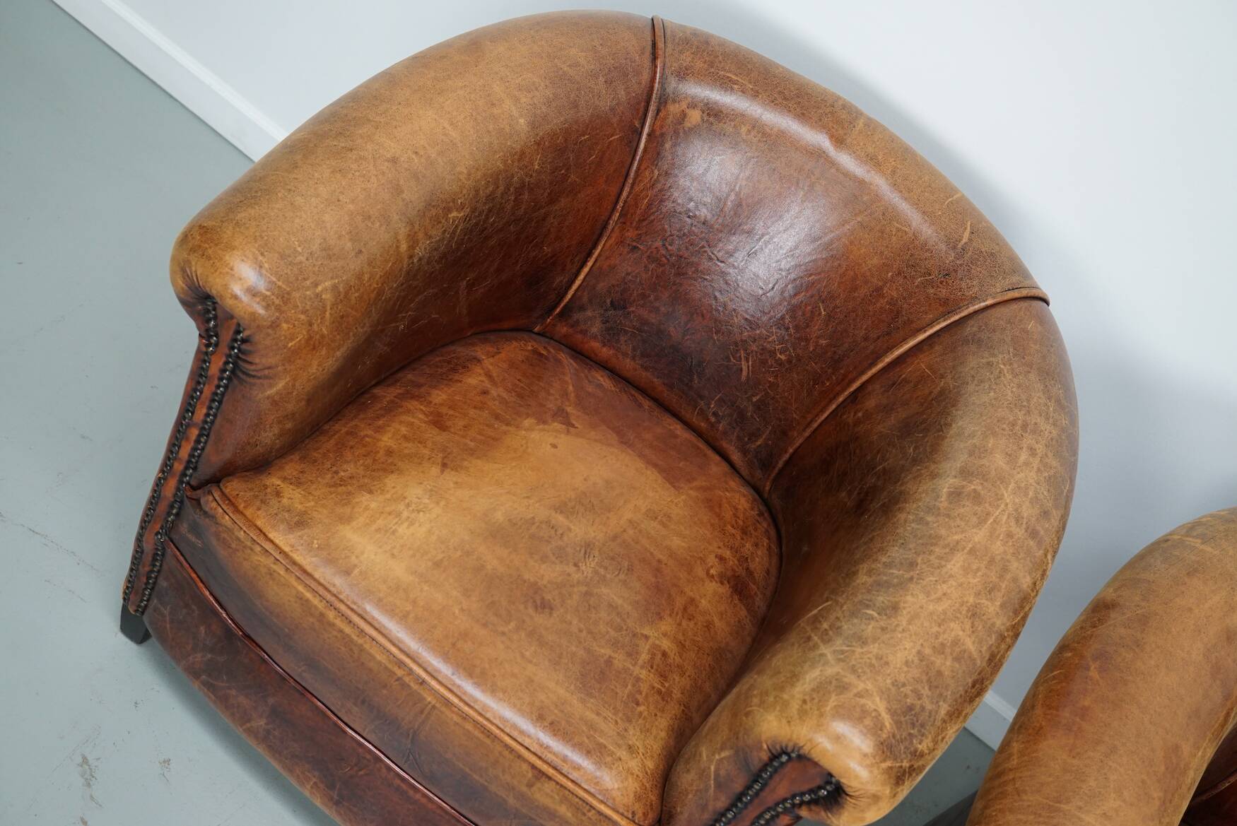 Fauteuils club vintage hollandais en cuir cognac, lot de trois