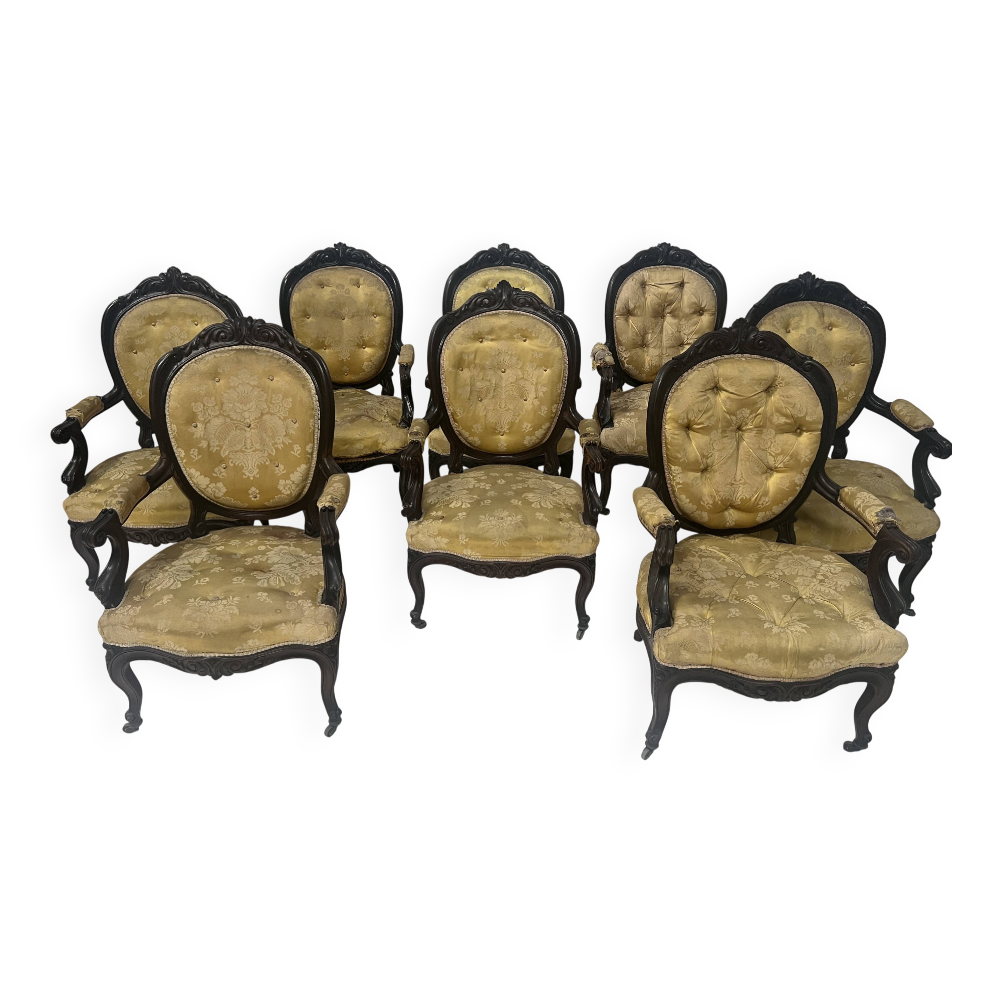 Set of eight Napoleon III style Louis XV armchairs in rosewood, 20th century.