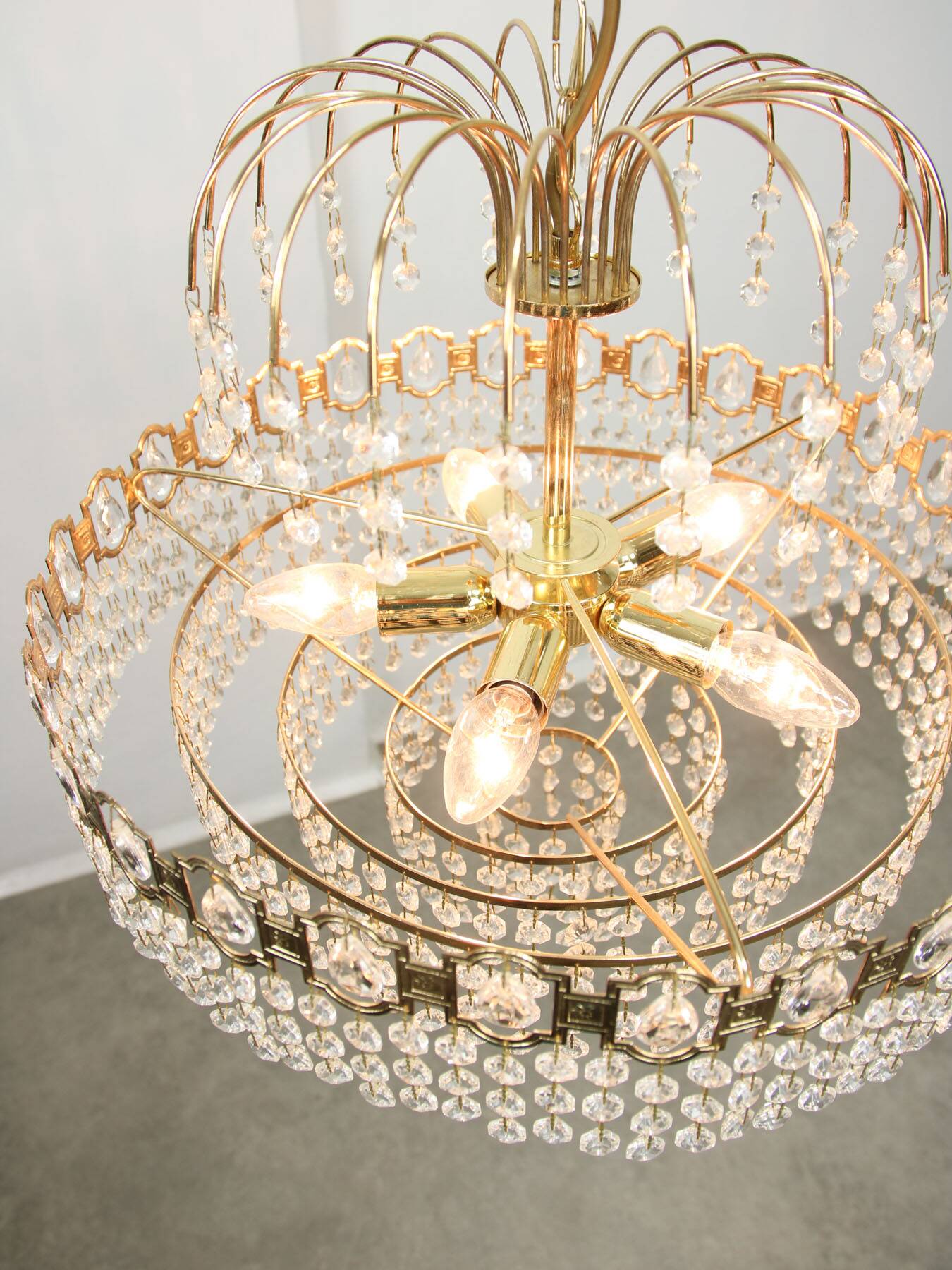 Vintage Italian Crystal and Golden Metal Chandelier, 80s