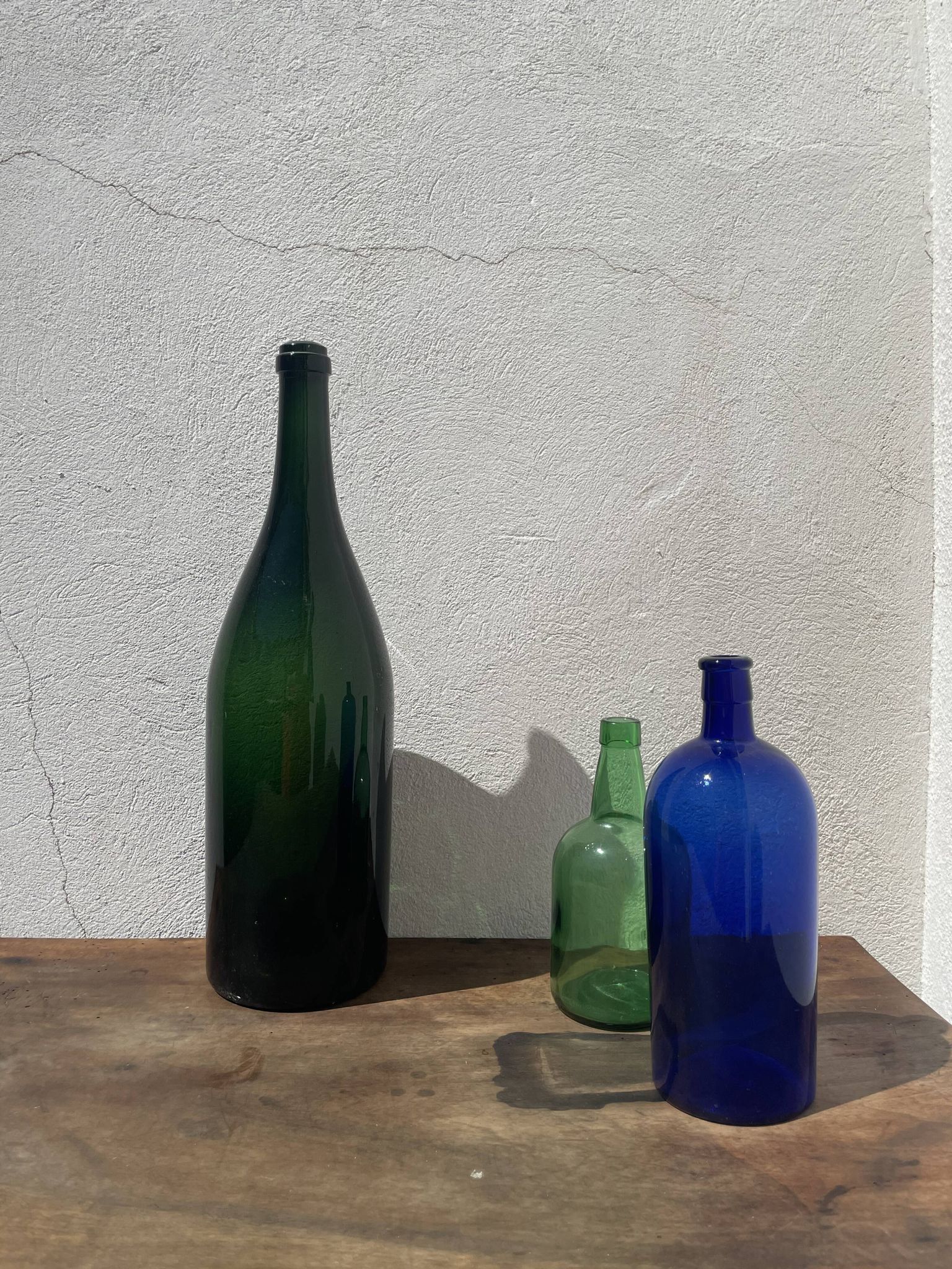 3x bouteilles en vert &bleu comme base pour lampes
