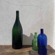 3x bouteilles en vert &bleu comme base pour lampes