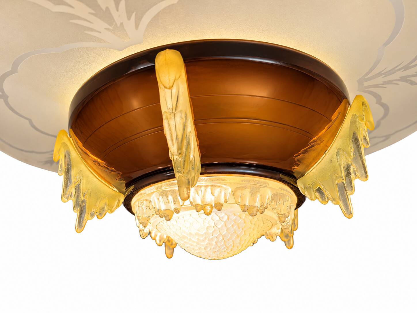 Art Deco pendant light in amber glass and etched glass – Ø 55 cm