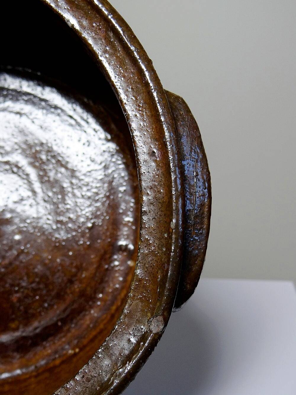 Antique 20th century enamelled Puisaye stoneware pot/bowl with ears