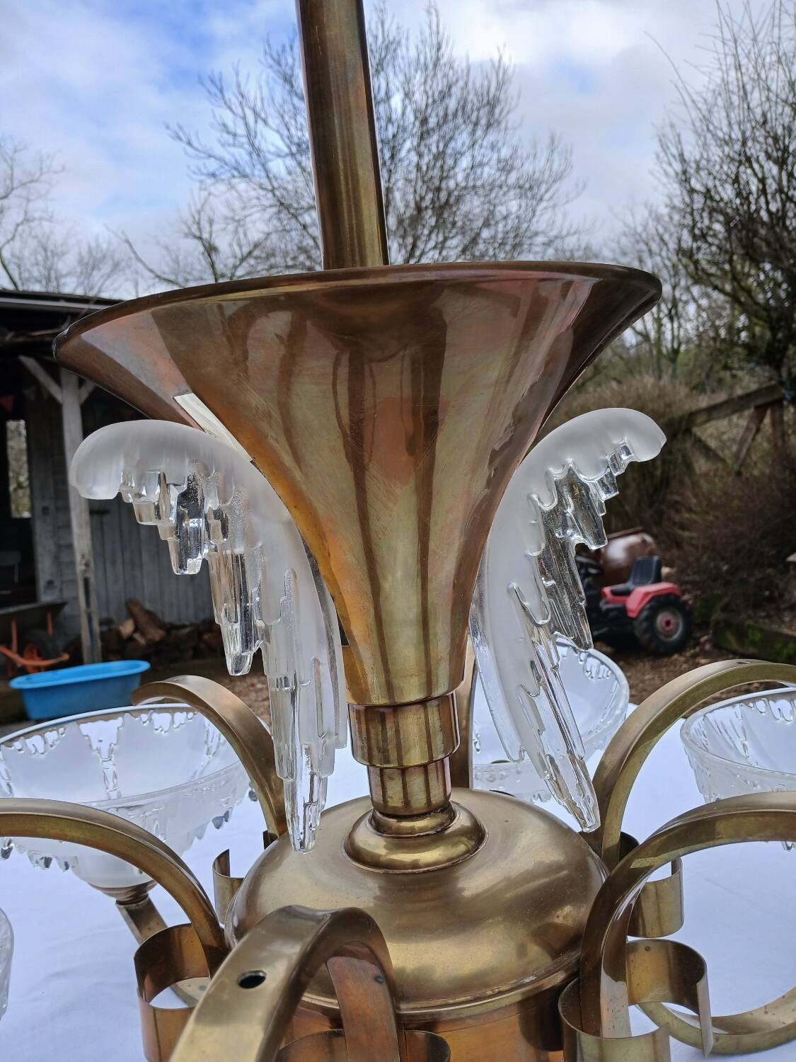 Antique Art Deco brass and glass chandelier