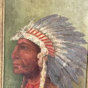 Old oil painting on panel of a Native American chief from the 19th century Wild West.