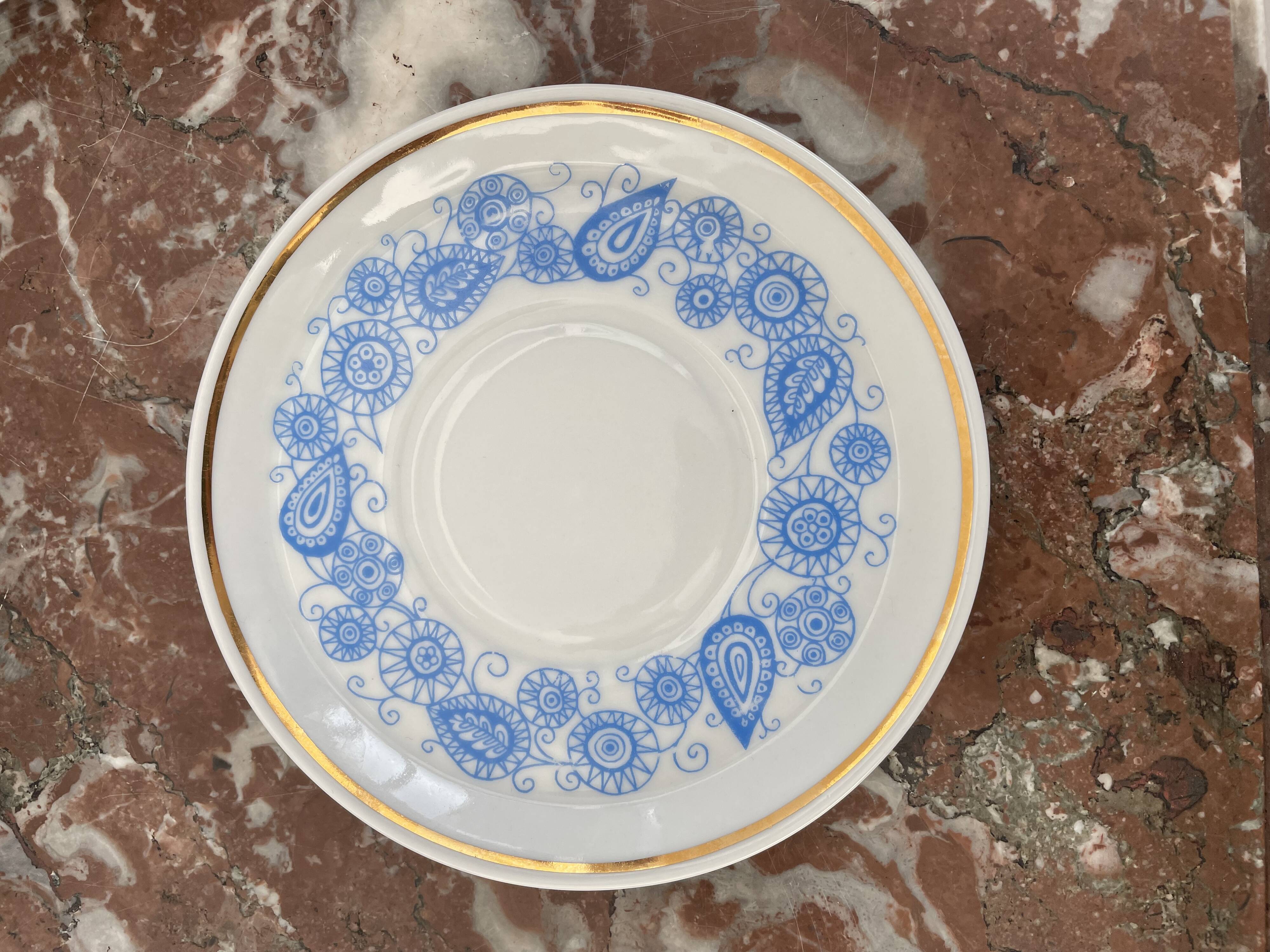 Coffee and tea set, vintage, stylized bird decor, retro, design, blue