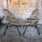 Paire de fauteuil enfant coque rotin & pied metal noir vintage