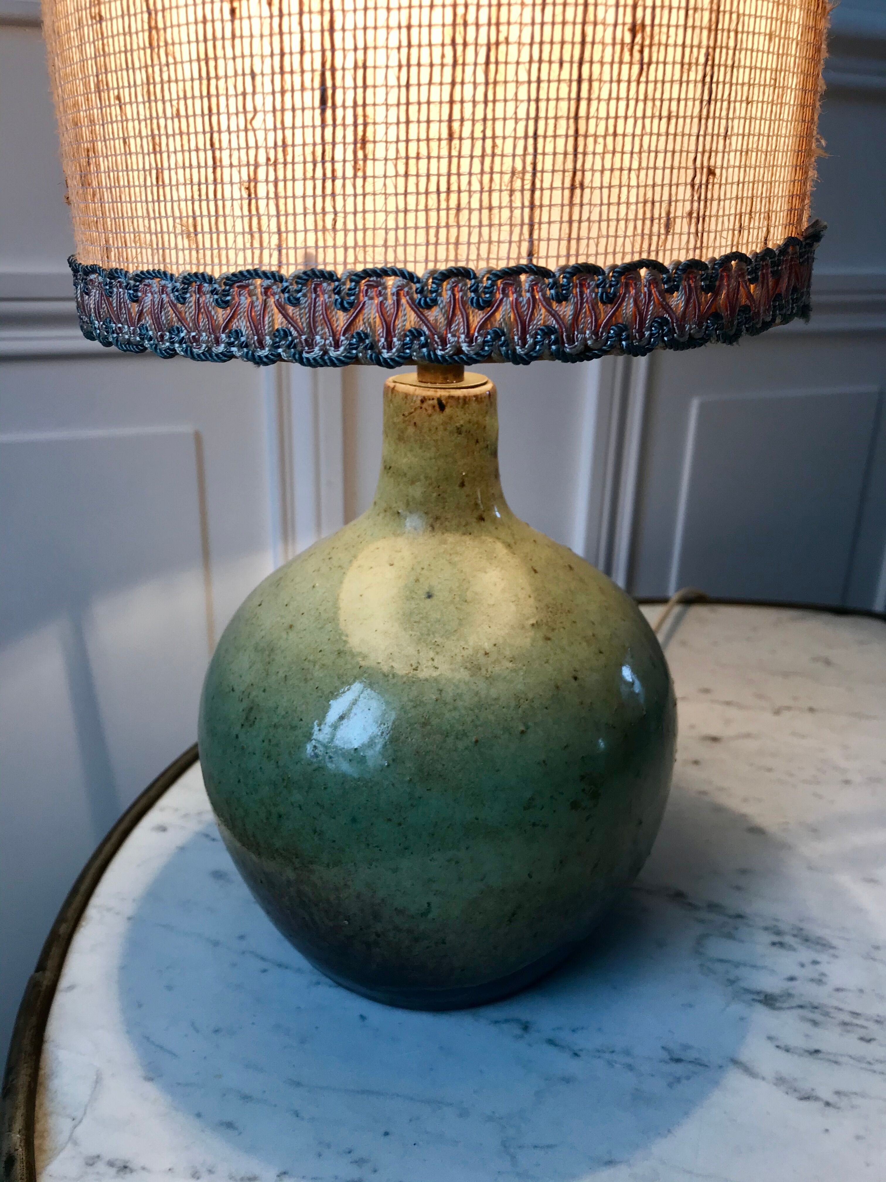 Signed stoneware lamp with woven lampshade 60s-70s