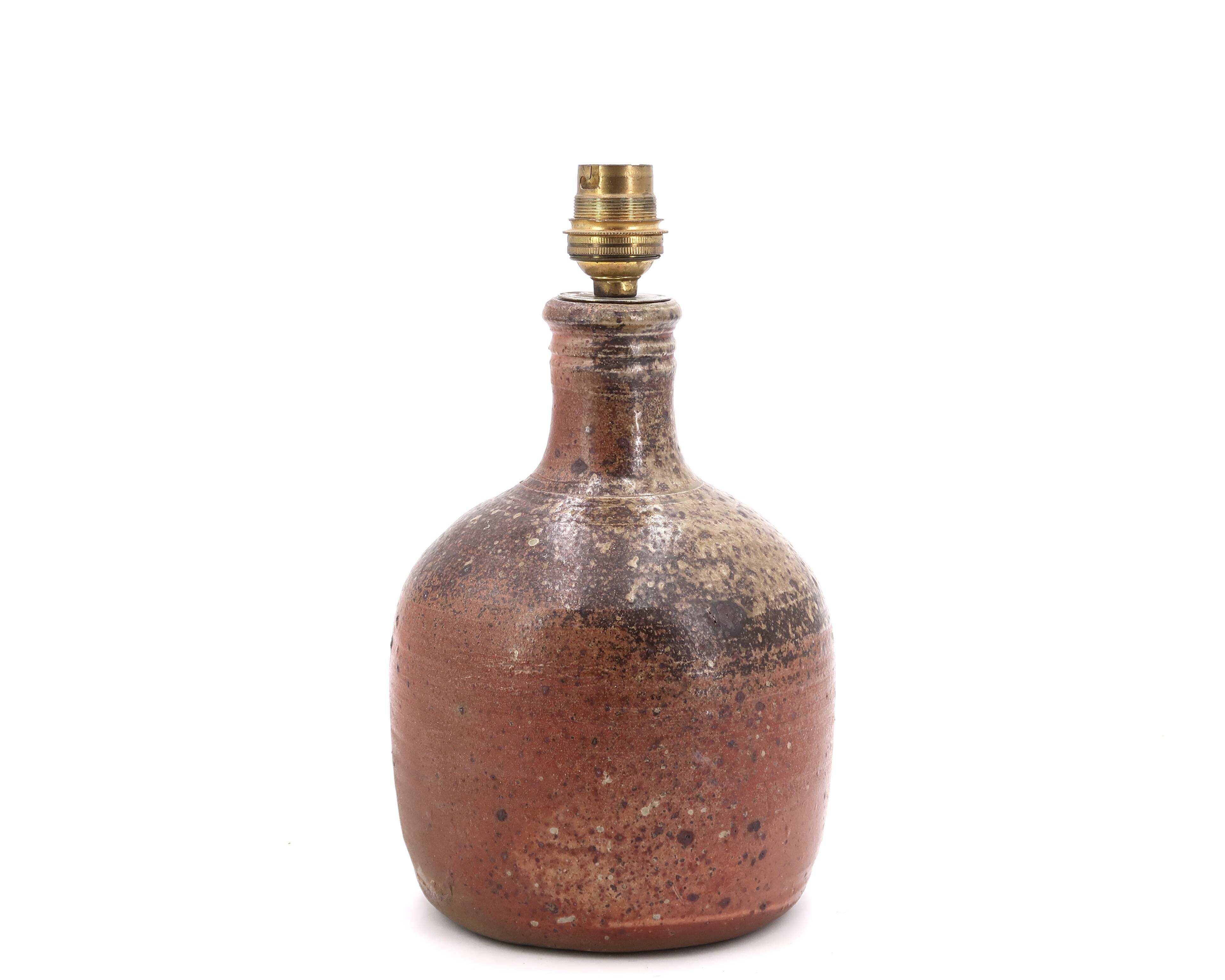 Stoneware lamp with wood firing, raffia lampshade, 1960s