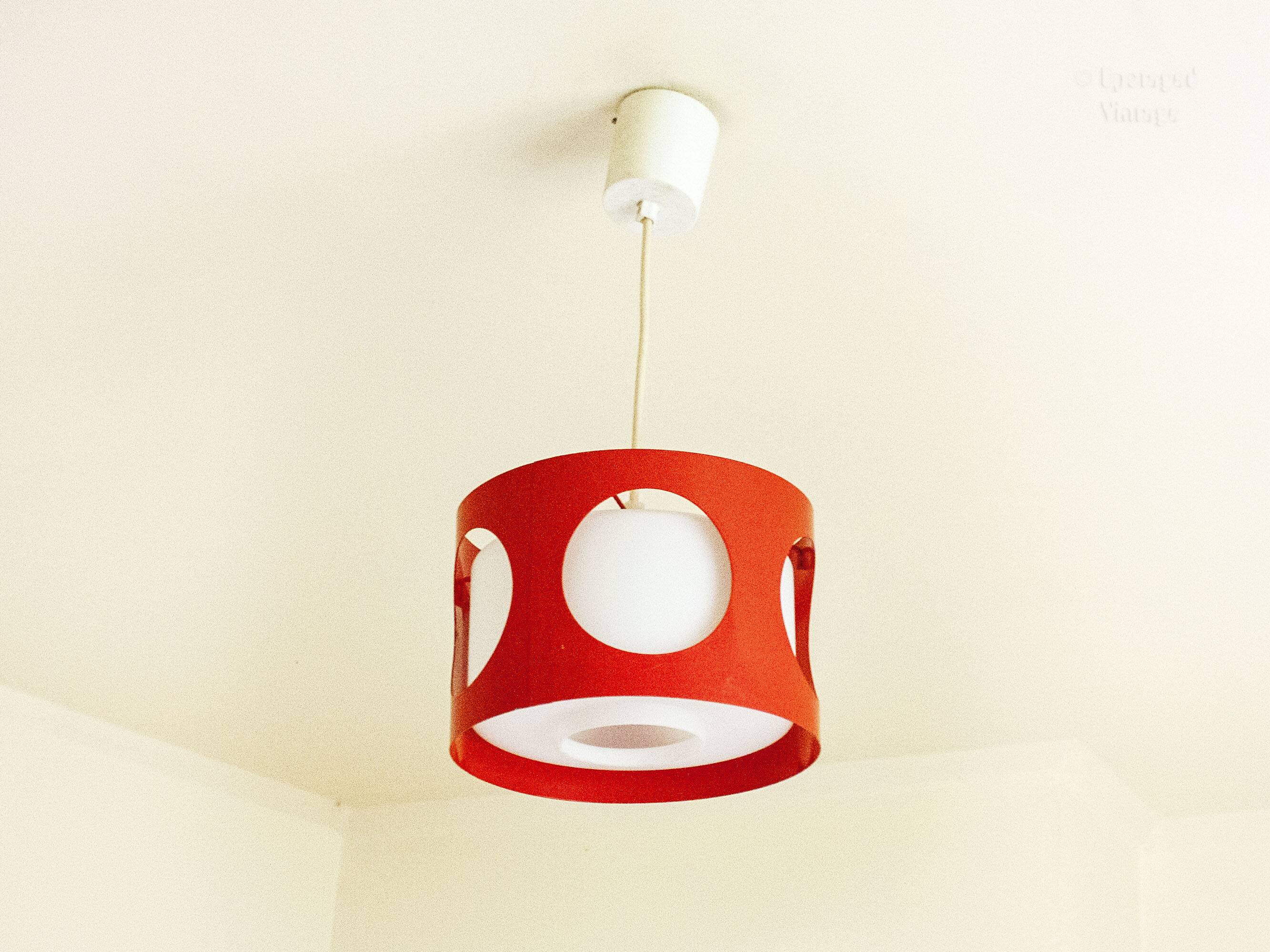 Vintage UFO ceiling light in red metal and white glass