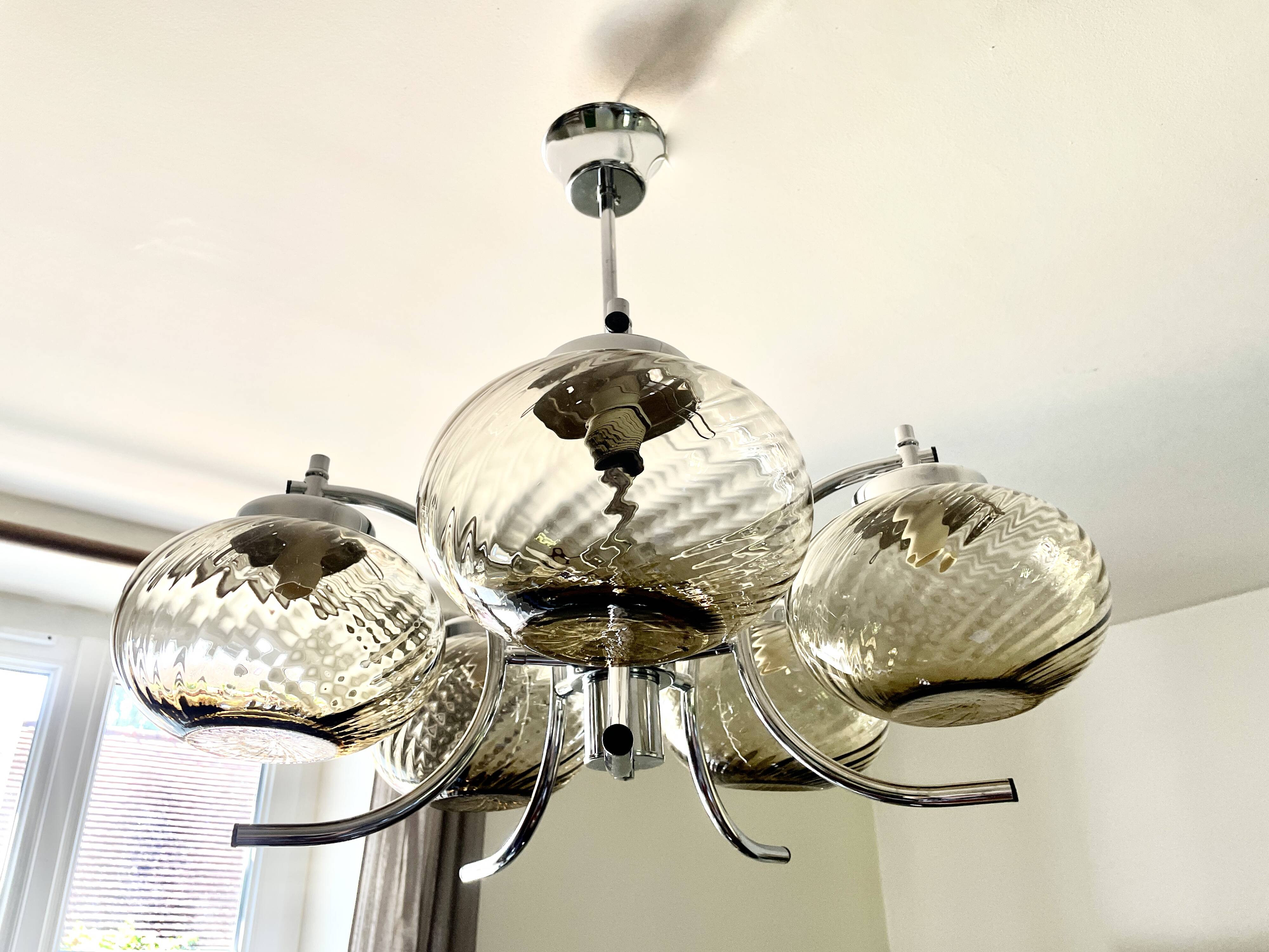 Large chrome and smoked glass chandelier 1970