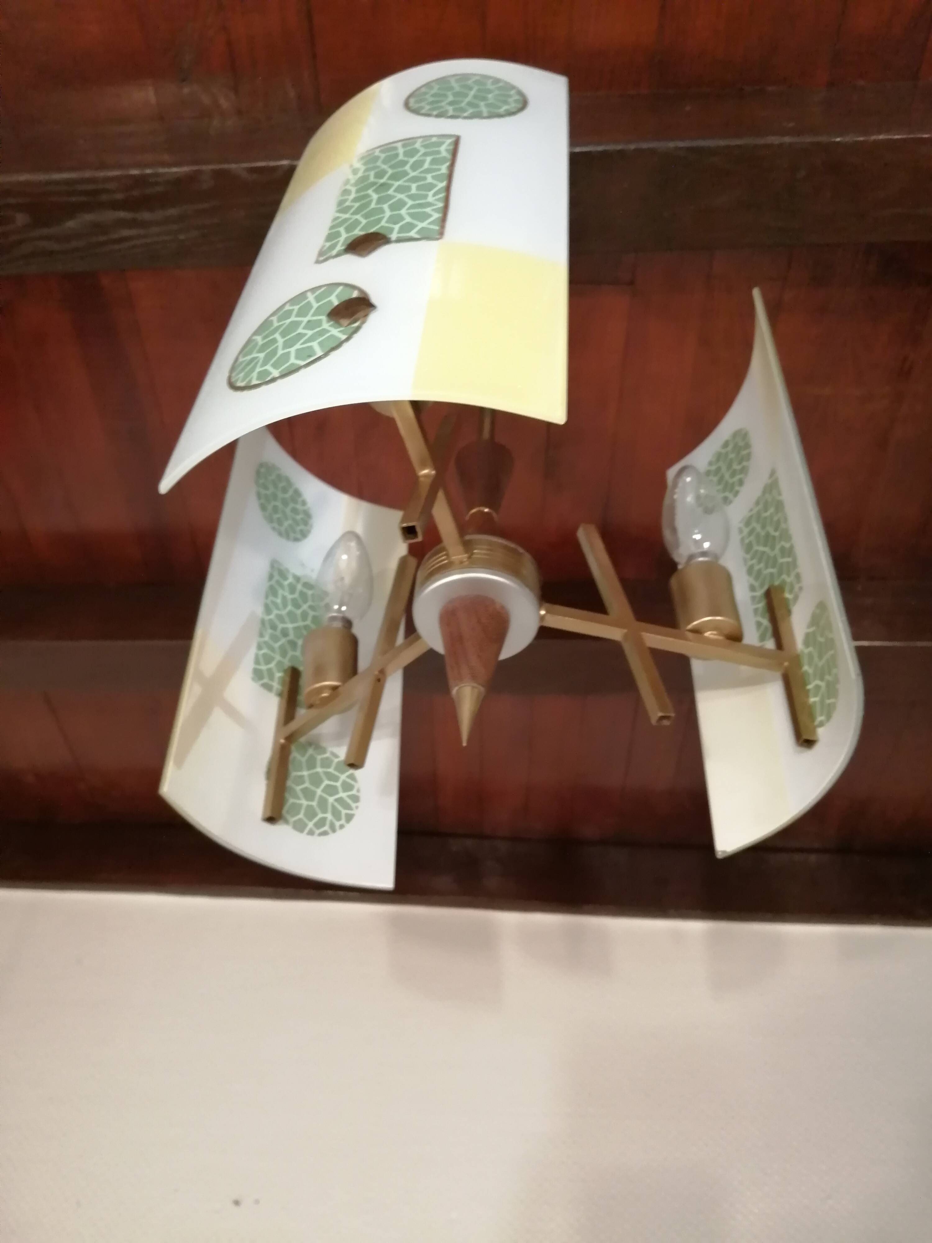 Golden chandelier and glass plates, art deco, vintage style Strangfeld und Gregor Radeberg Dresden 1950