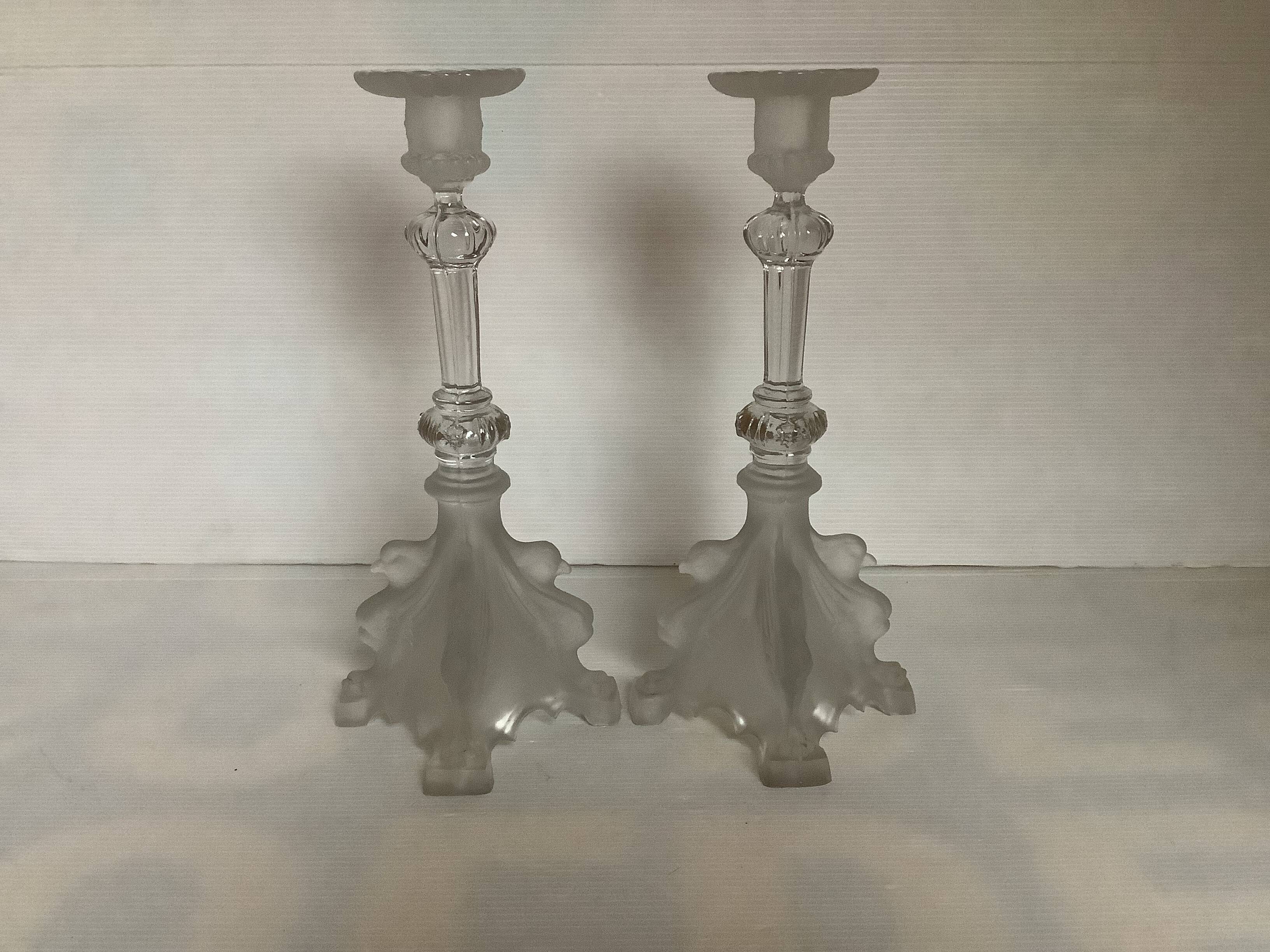 Pair of antique Val Saint Lambert griffin candlesticks