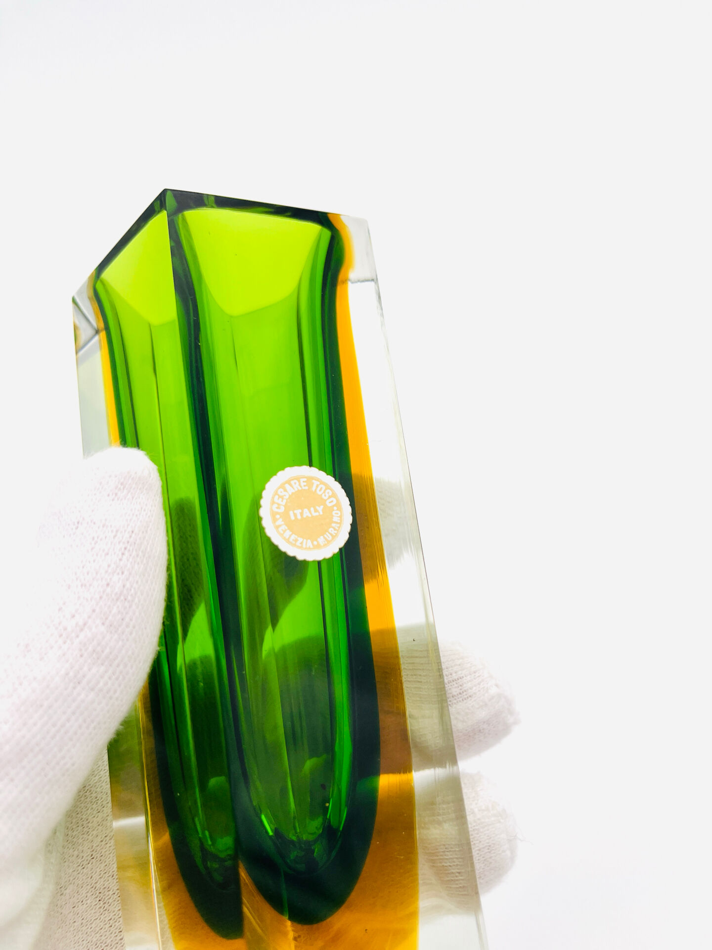 Vase Cesare Toso - Murano - Sommerso - Pentagonal vert et ambre