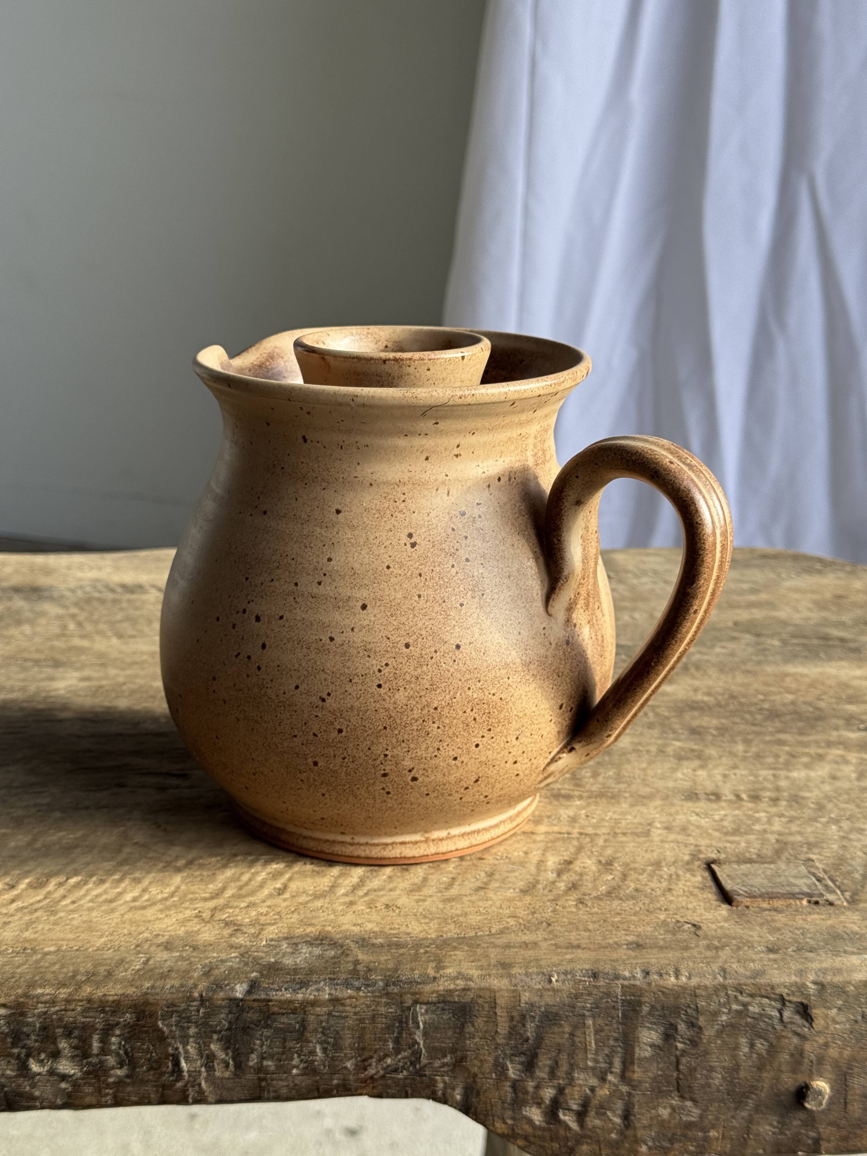 Vintage brutalist stoneware pink wine cooler pitcher H19