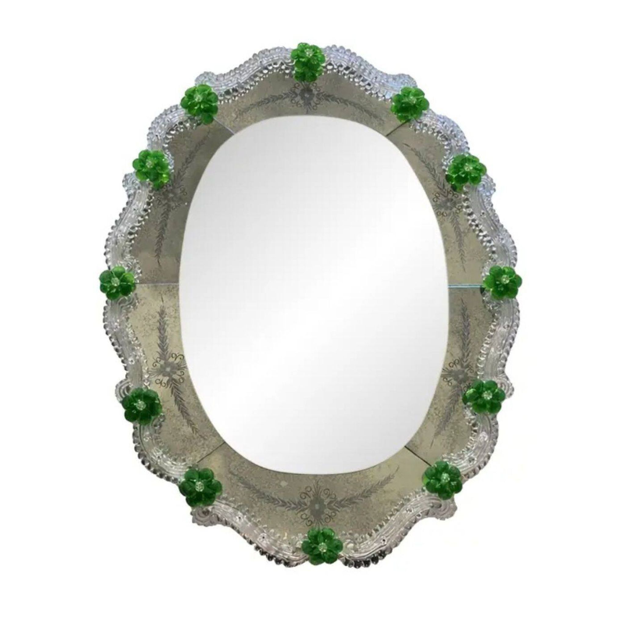 Venetian Murano Glass Oval Floral Wall Mirror – Hand-Carved Italian Art