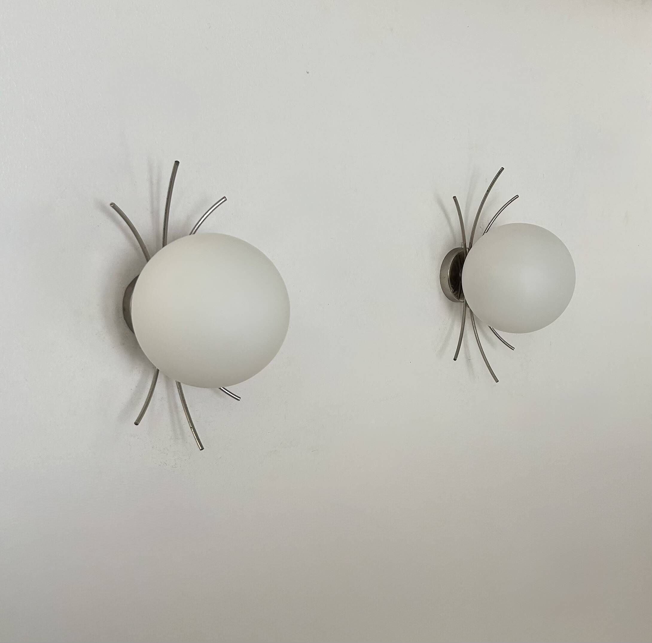 Pair of vintage wall lights, chrome and opaline, France, 1970