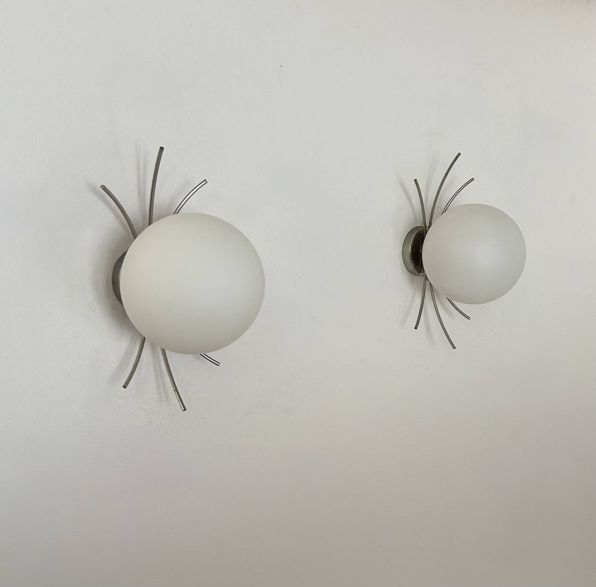 Pair of vintage wall lights, chrome and opaline, France, 1970