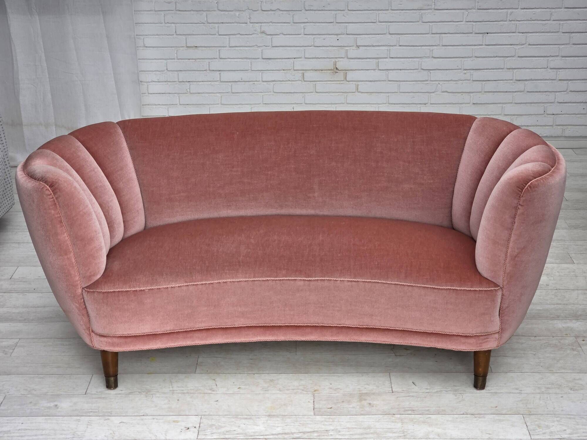 1970s, Danish 2-seater curved sofa, original salmon pink furniture velour.