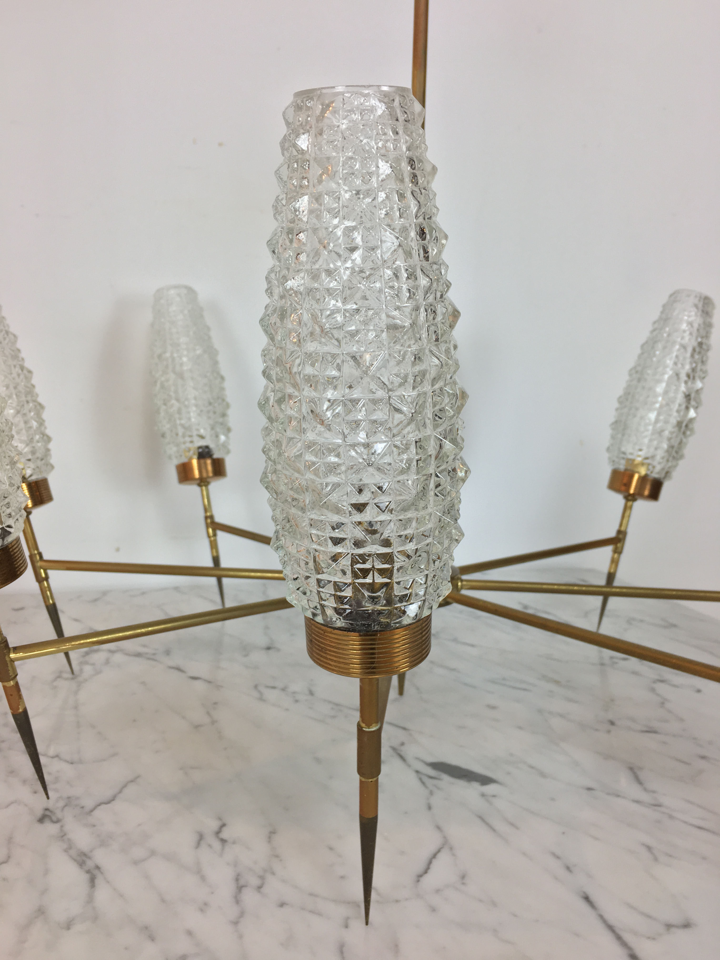 50s chandelier, 8 fires, brass and ice glass tulips