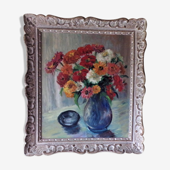 Oil on panel painting still life bouquet of flowers signed