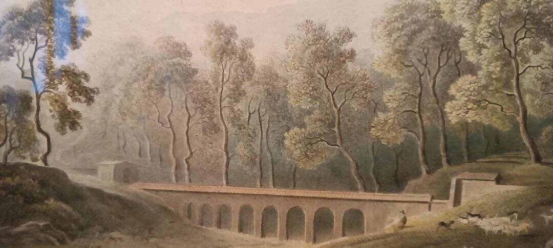 Old watercolour on paper from the early 19th century – landscape with aqueduct and bridge.