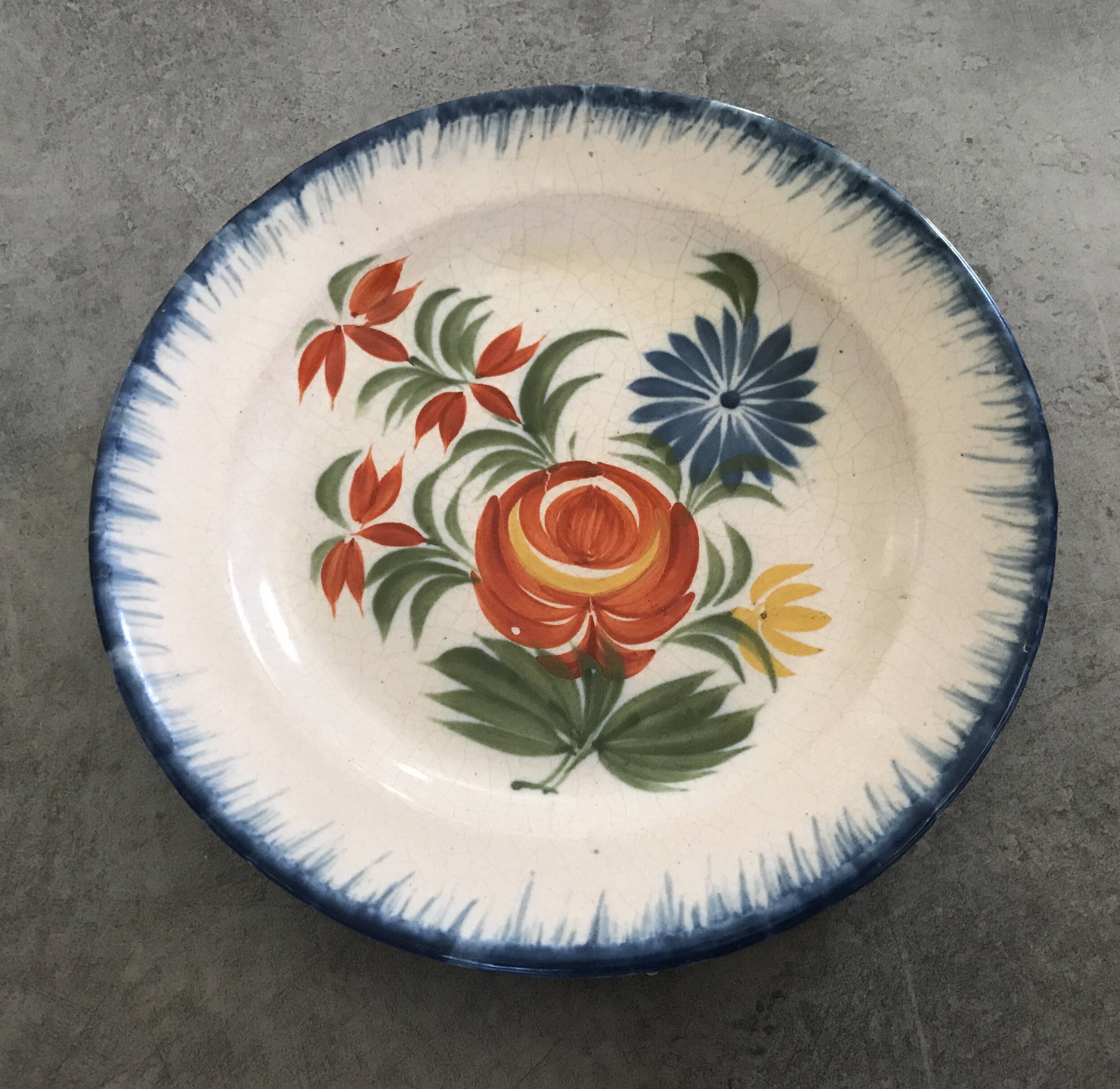 Old plate in auvillar earthenware, floral painting decoration, 19th century
