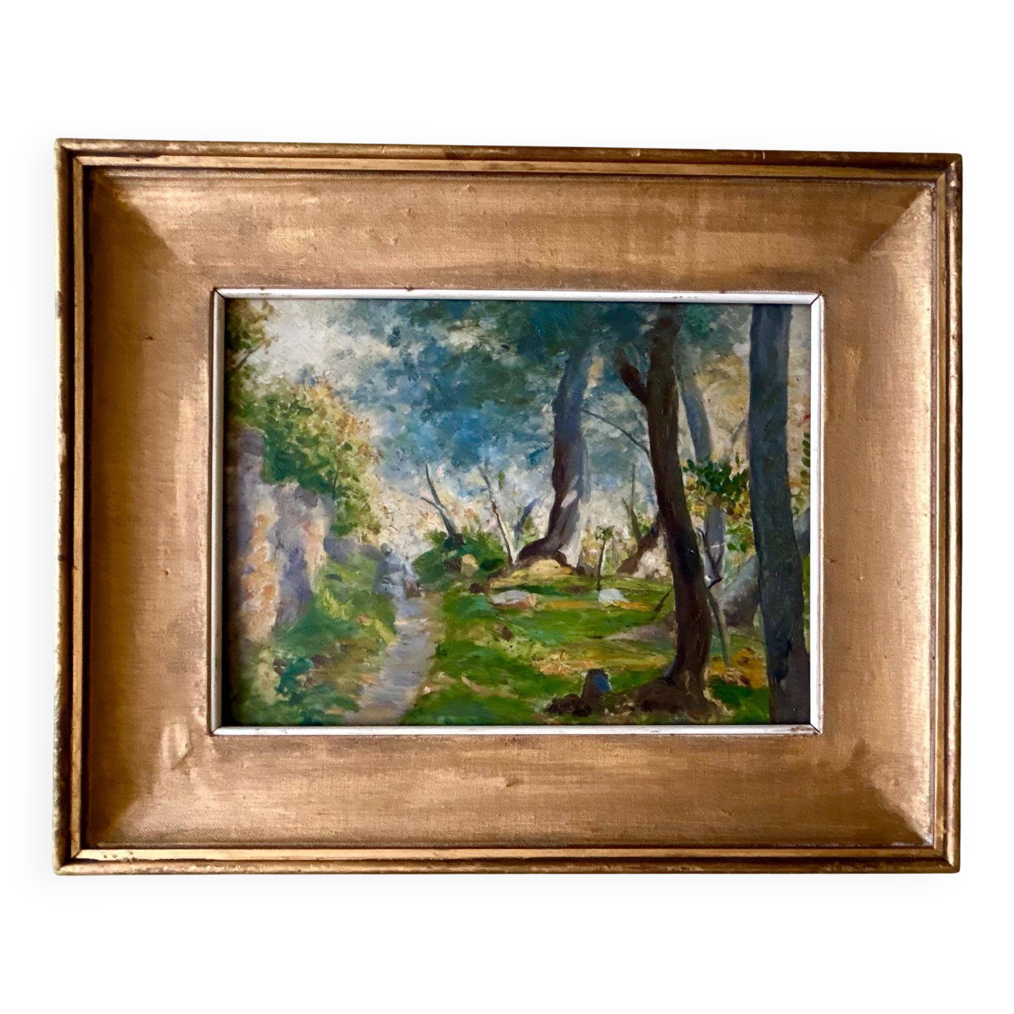 Vintage 1930s French Oil Painting on Panel – Barbizon‑Style Forest Path