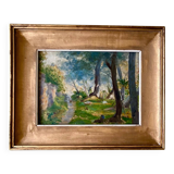 Vintage 1930s French Oil Painting on Panel – Barbizon‑Style Forest Path
