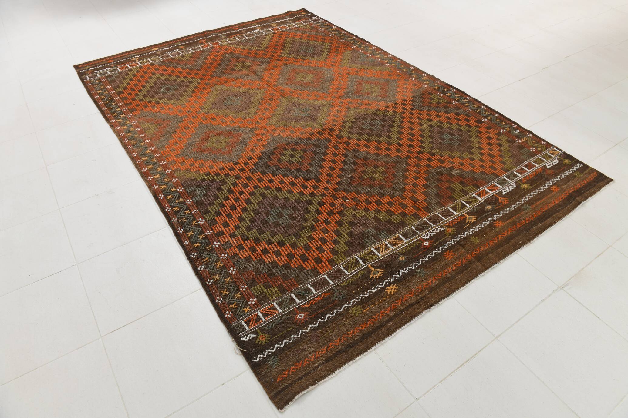 Tapis Kilim Tribal Vintage – Motifs Géométriques Terre & Orange, 207x301 Cm