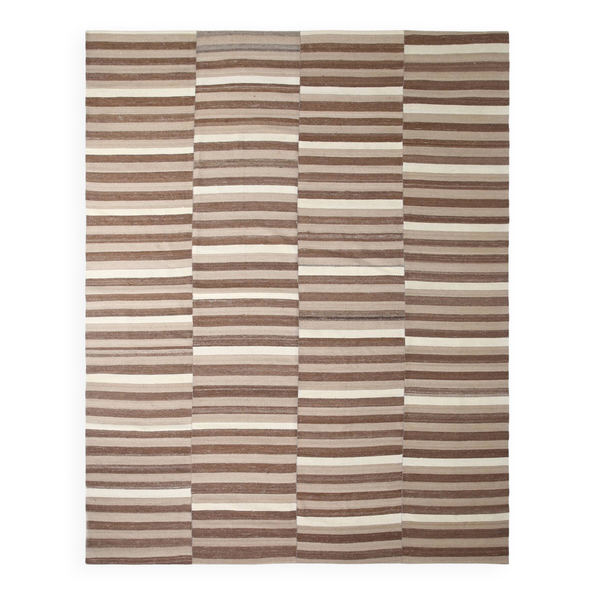 Dark Brown & Beige Striped Pattern Turkish Kilim Rug, 311x394Cm