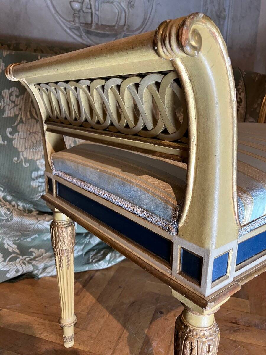 Set of Louis XVI Parcel Gilt Benches in Cream and Blue Lacquer