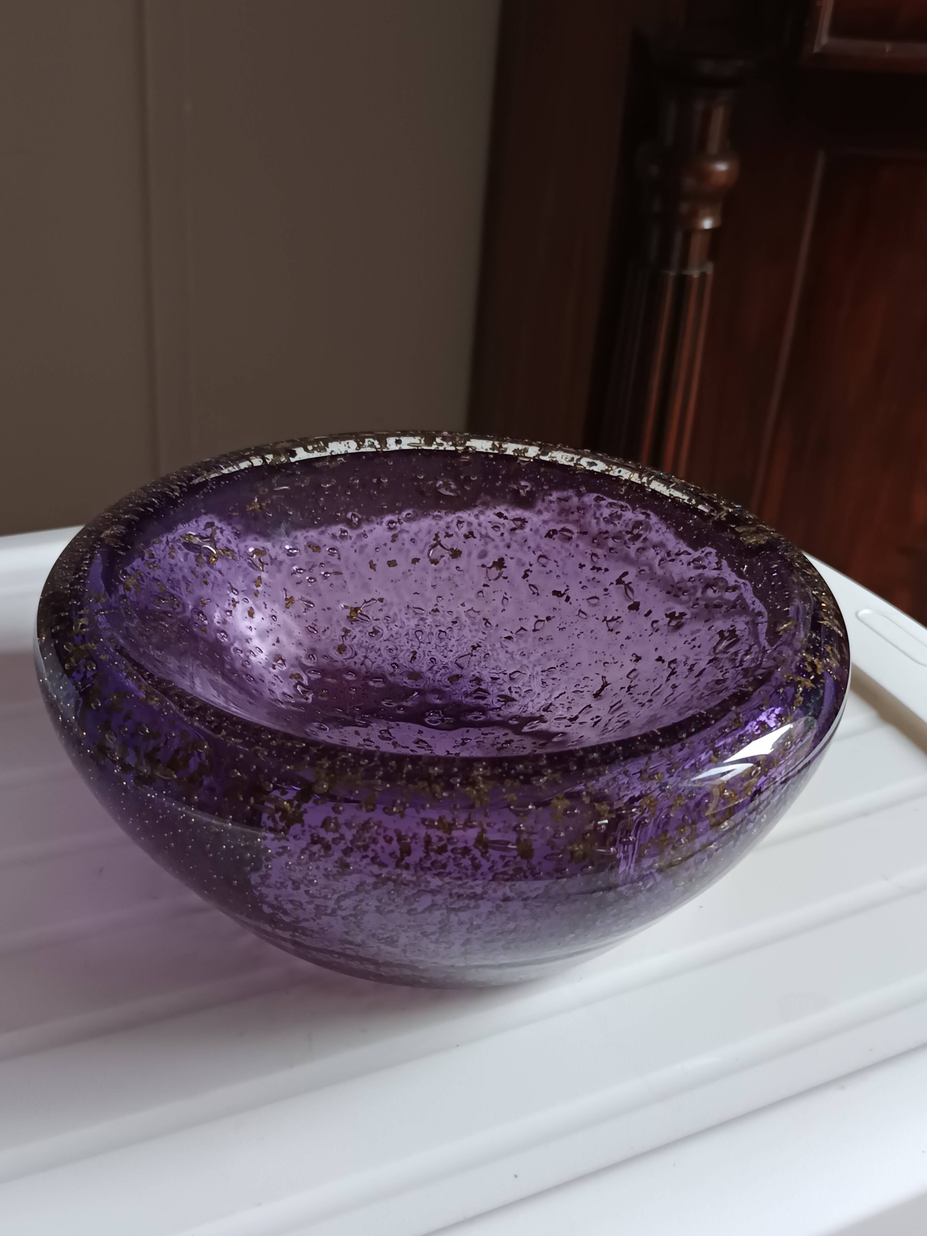 Purple Murano glass pocket bowl with aventurine – attributed to Seguso