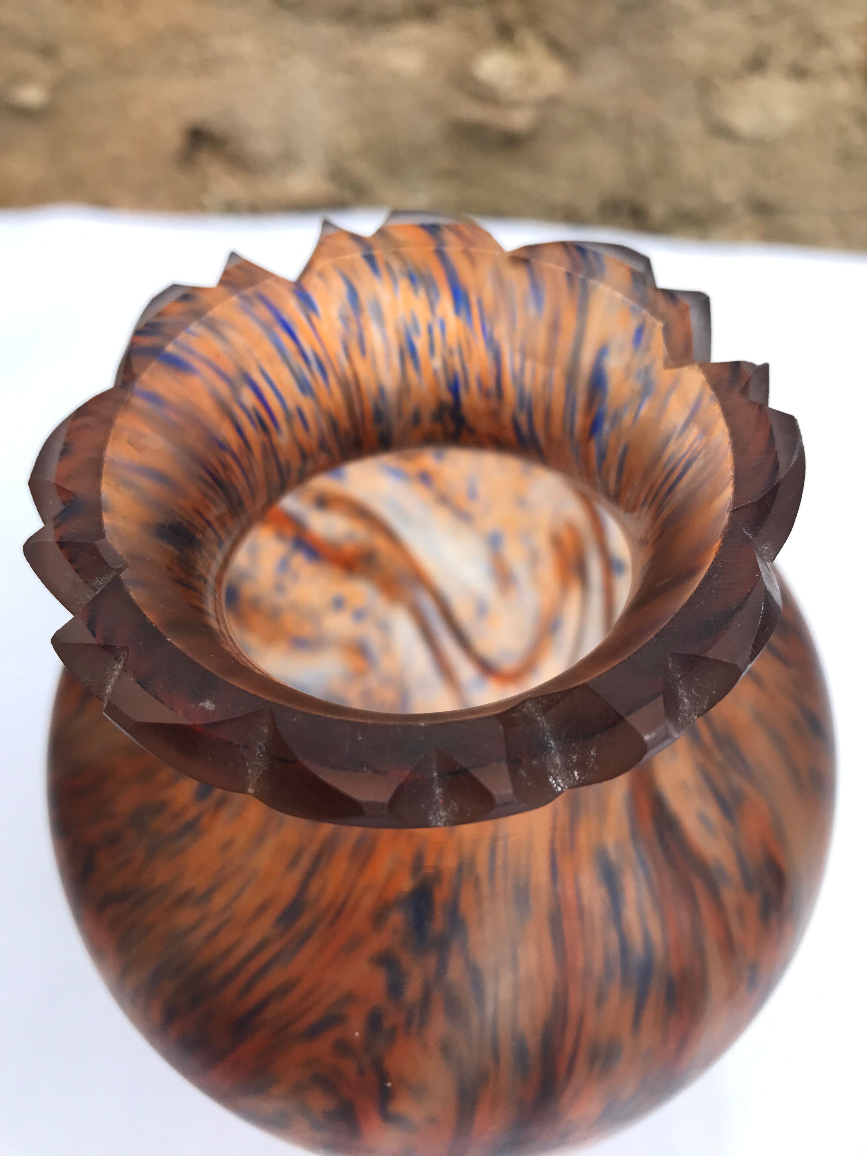 Orange / blue marble vase (signed?) old glass paste