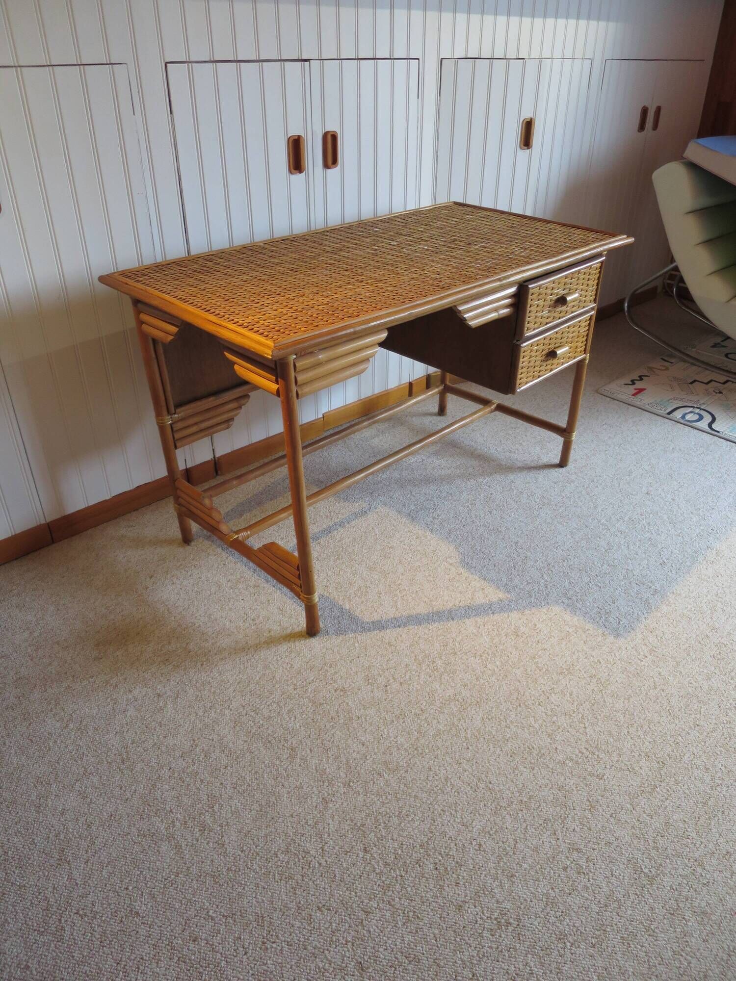 desk - wood-bamboo and woven wicker rattan - 2 drawers - large top - 80