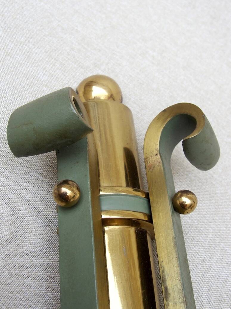 Pair of art deco lacquered metal, brass and glass wall lights