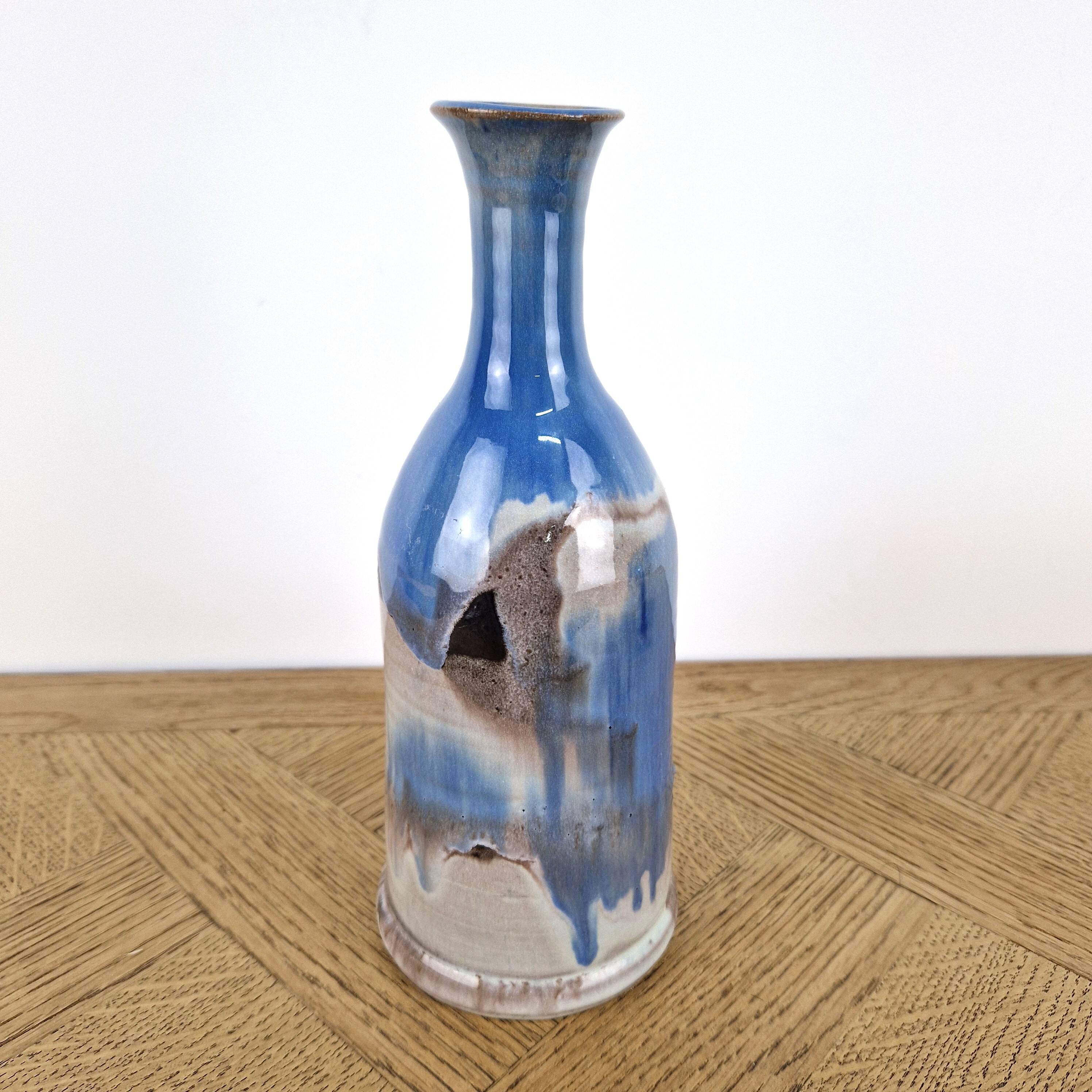 blue designer bottle signed - vintage soliflore vase
