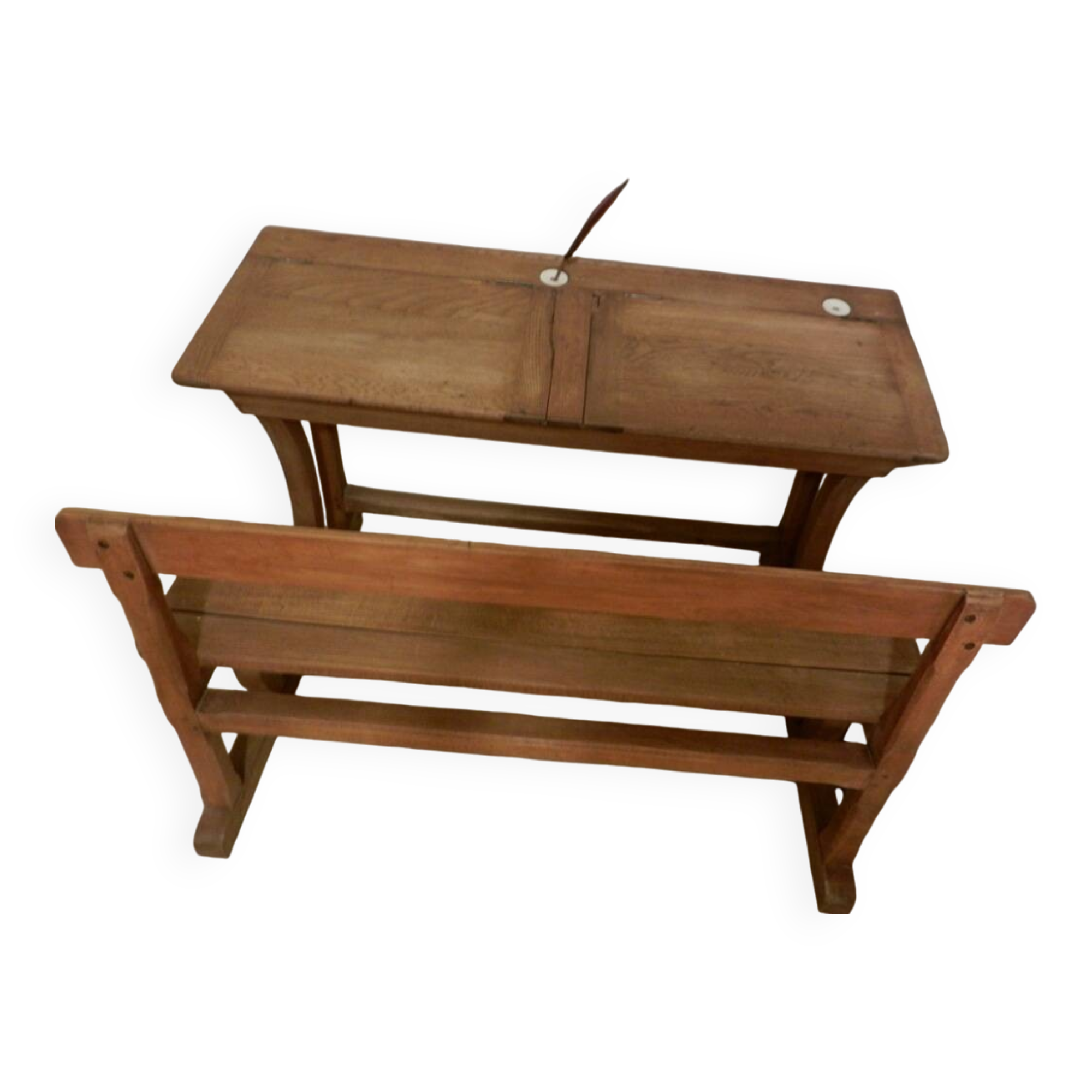 Old school desk with 2 seats and opening lockers