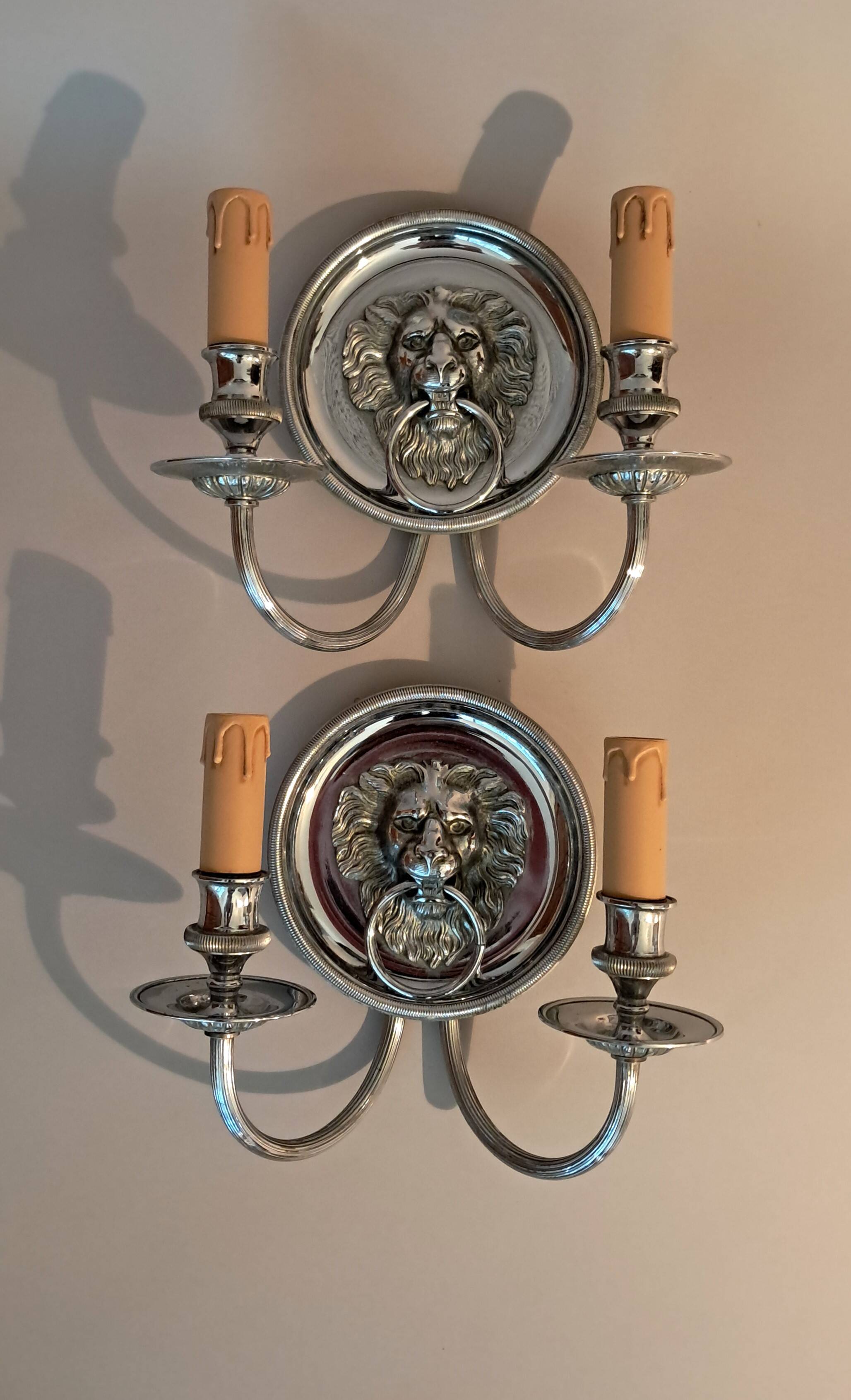 Pair of two-armed silver-plated bronze wall lights from Maison Charles, 1960.