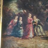 Monticelli adolphe, tableau ancien, scène galante, élégantes au parc, peinture 19ème siècle