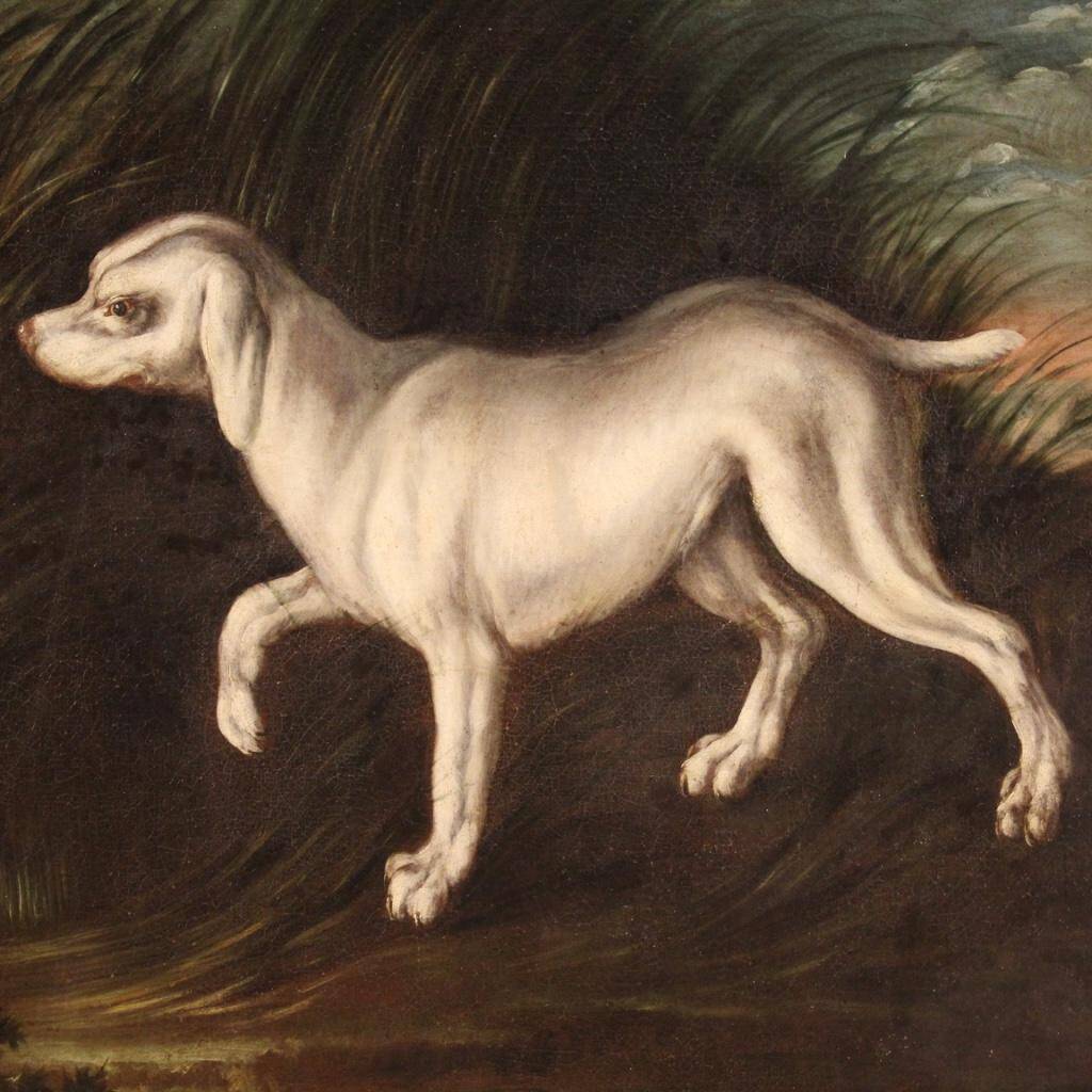Peinture antique française paysage avec chien