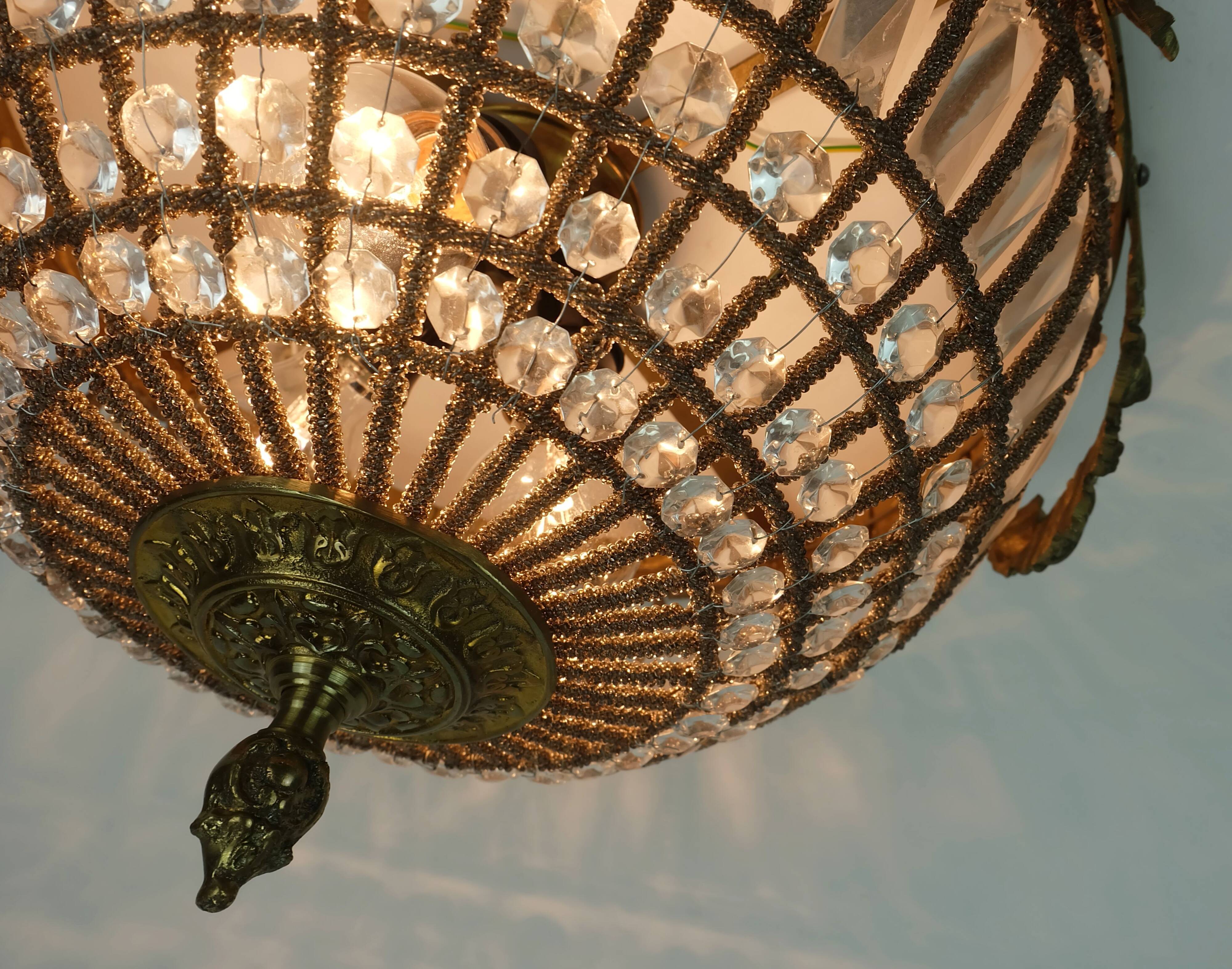 large 1960s CEILING LAMP glass crystal bronze hollywood regency style 1960s