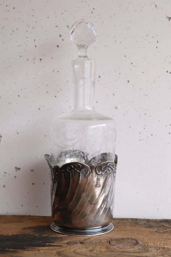 Flacon ancien en verre gravé et métal argenté – poinçon Gallia
