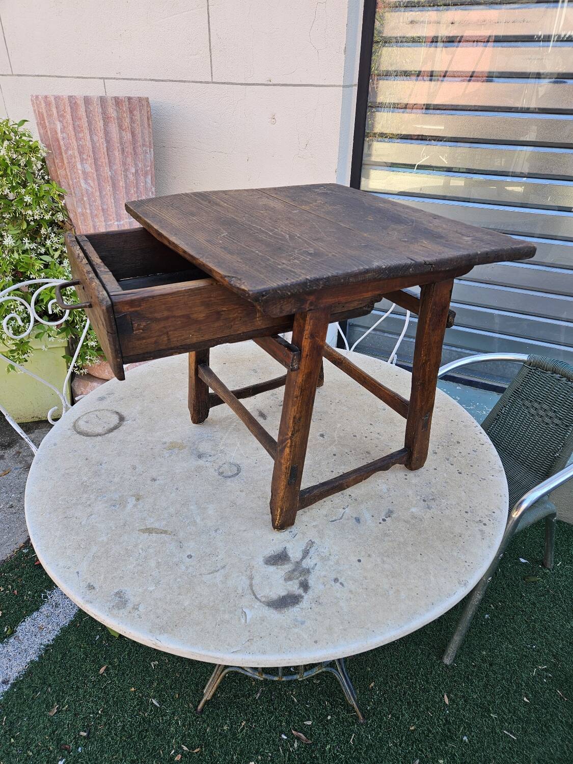 Antique folk art oak table or bedside table