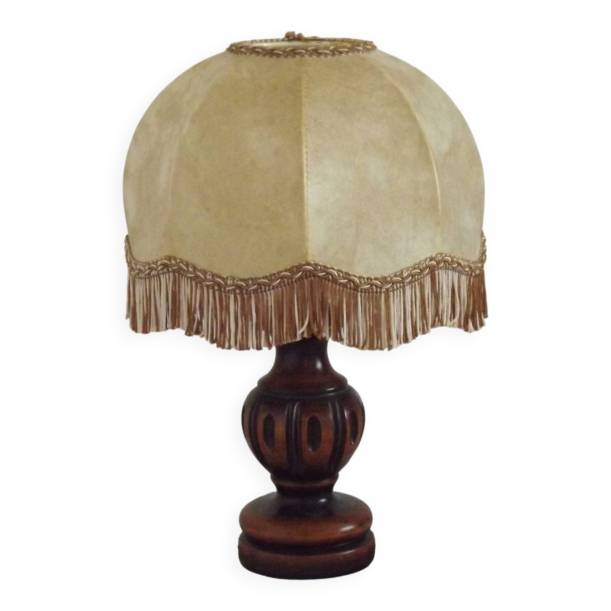 French Mid Century Round Turned Wood Grooved Table Lamp Hide Skin Shade