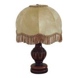 French Mid Century Round Turned Wood Grooved Table Lamp Hide Skin Shade