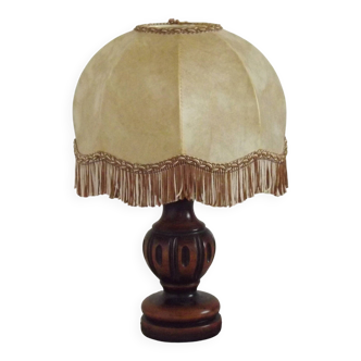 French Mid Century Round Turned Wood Grooved Table Lamp Hide Skin Shade