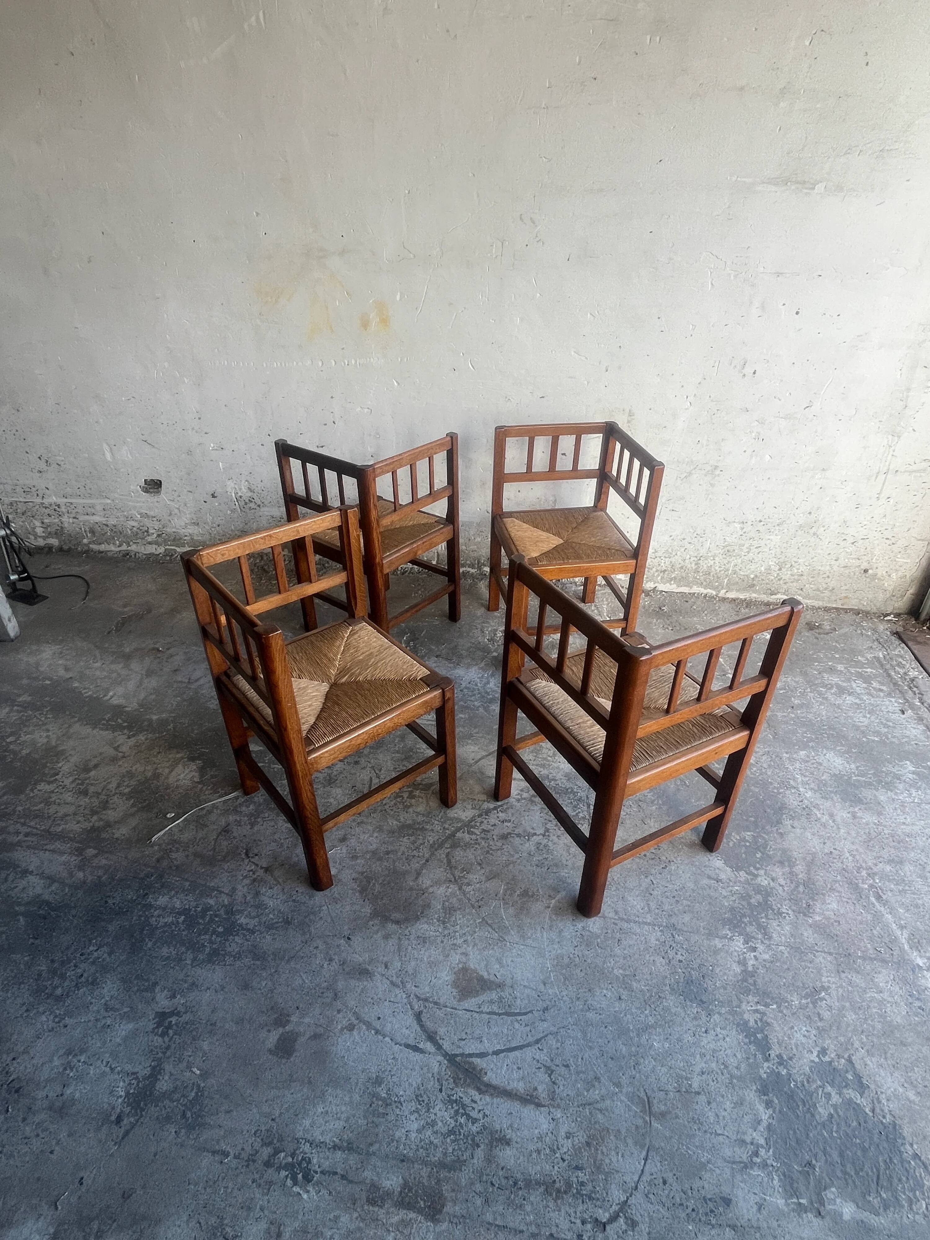 Set of 4 brutalist oak armchairs, 1950s